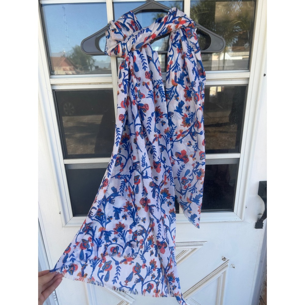 J. McLaughlin 100% Wool Scarf Blue Orange Floral Vine Print Fringe Wrap White
